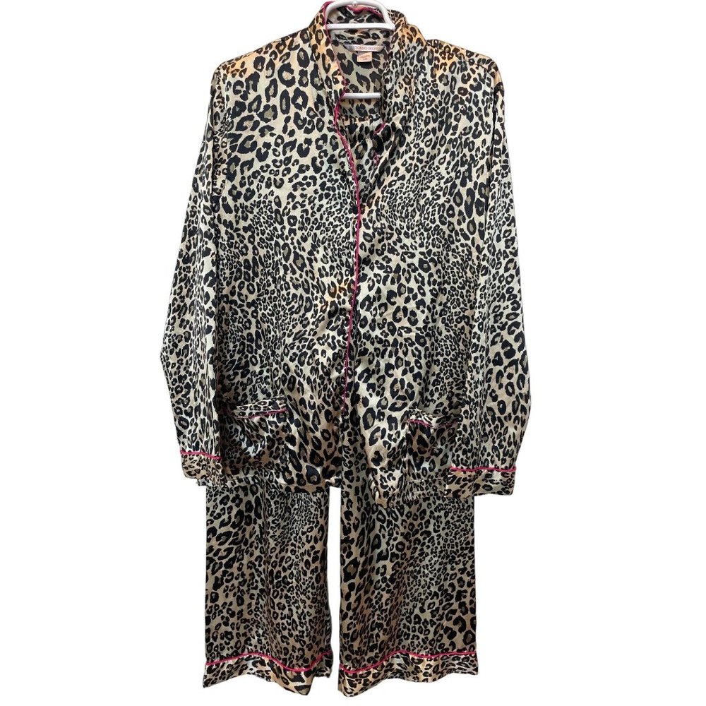Victoria's Secret Leopard Print Satin Top & Bottom Pajama Set Tan Women's Size L - Picture 2 of 8